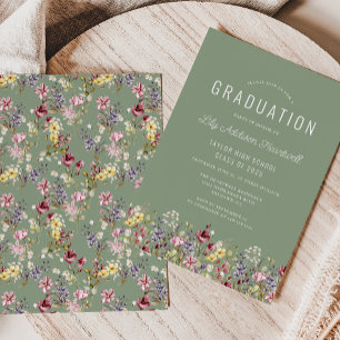 Boho Wildflower Pattern Sage Green Graduation Invitation