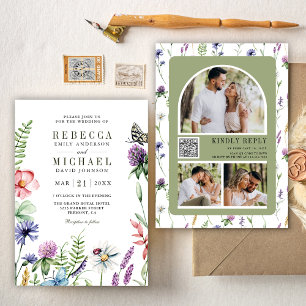 Boho Wildflower Photo Collage QR Code Wedding Invitation