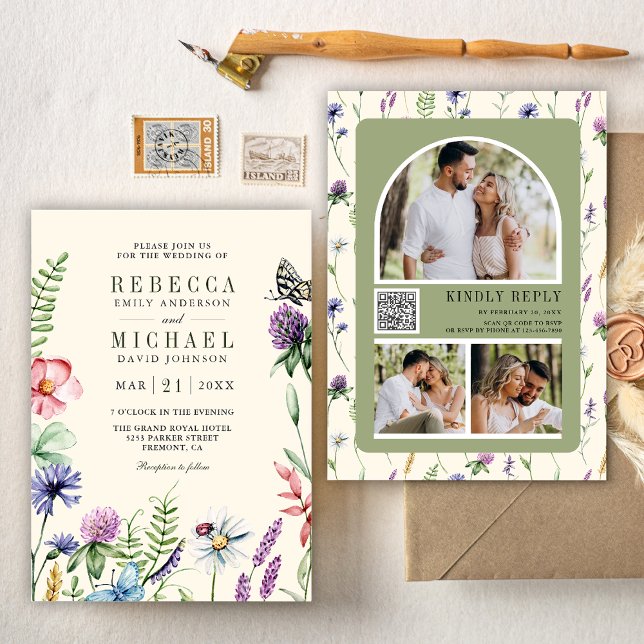 Boho Wildflower Photo QR Code Cream Wedding Invitation (Creator Uploaded)