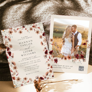 Boho Wildflower Photo QR Code RSVP Wedding Invitation