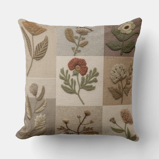 Boho Wildflower Pillow– Neutral Botanical Cushion (Front)