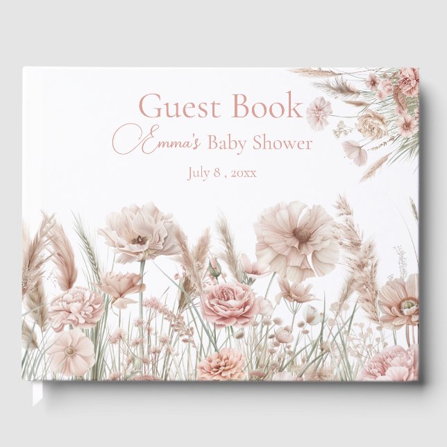 Boho Wildflower Pink Floral Baby Shower Guest Book (Front)