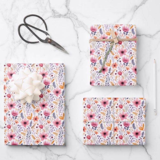 Boho Wildflower Pink Orange Birthday Baby Bridal  Wrapping Paper Sheet (Front)