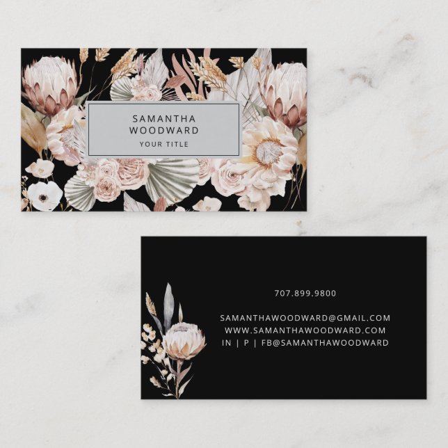 Boho Wildflower Professional Black Business Card (Front/Back)