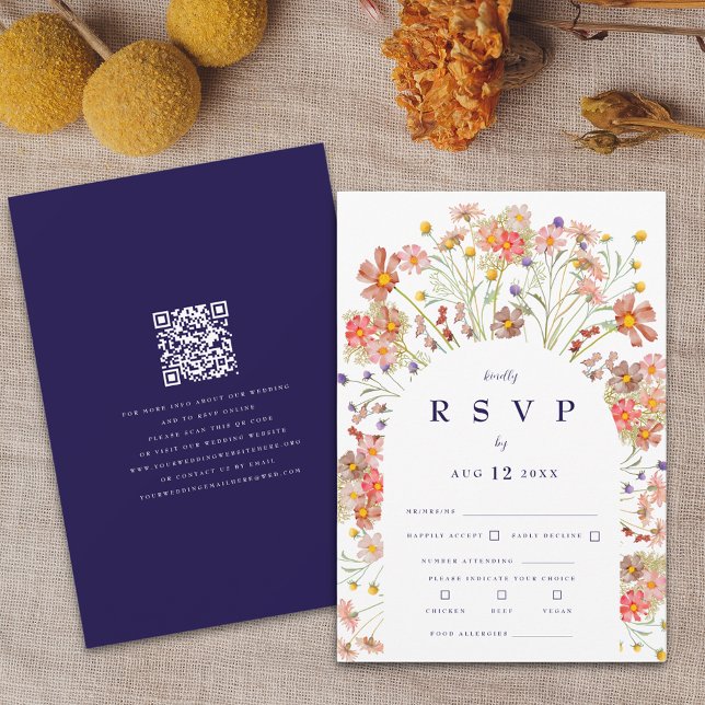 Boho Wildflower Rustic Floral Arch Navy Blue RSVP Card (Boho fall rustic wildflower floral arch navy blue and white wedding rsvp qr code card)