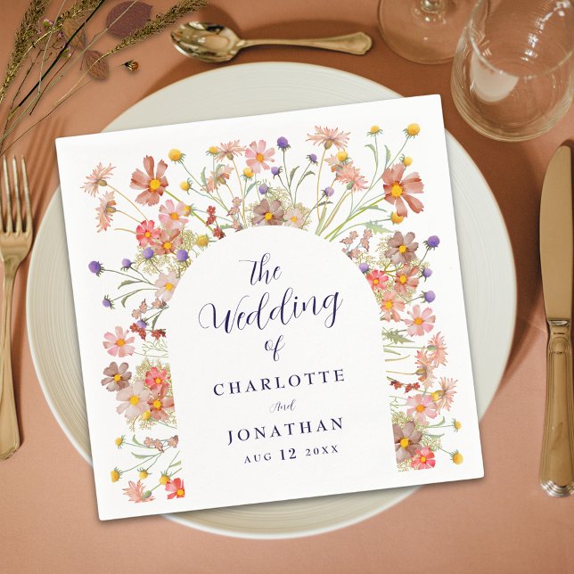 Boho Wildflower Rustic Floral Arch Wedding Napkin (Boho fall rustic wildflower floral arch navy blue script white wedding custom paper napkins)