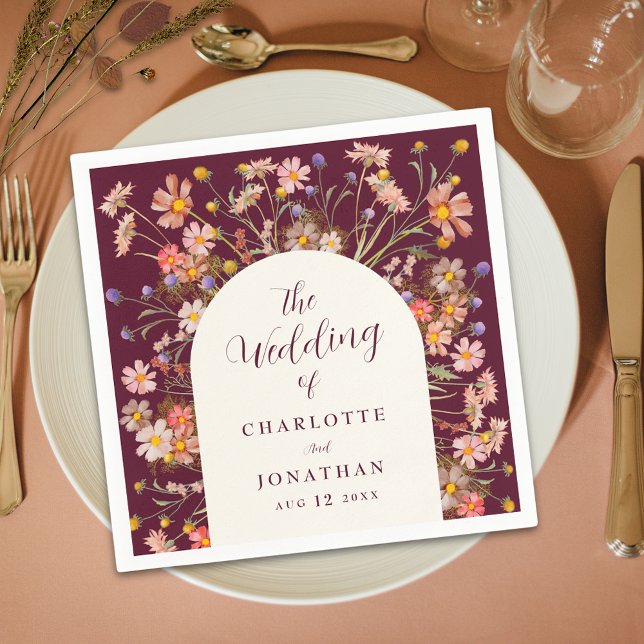 Boho Wildflower Rustic Floral Arch Wedding Napkin (Boho fall rustic wildflower floral arch burgundy and ivory cream wedding custom paper napkins )