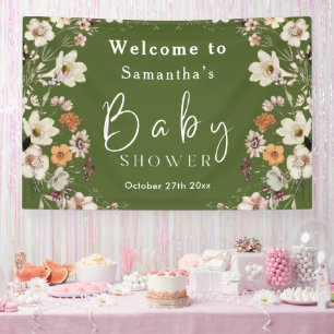 Boho Wildflower Rustic Moss Green Baby Shower Banner