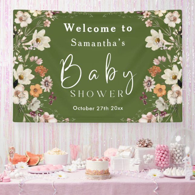 Boho Wildflower Rustic Moss Green Baby Shower Banner (Party)