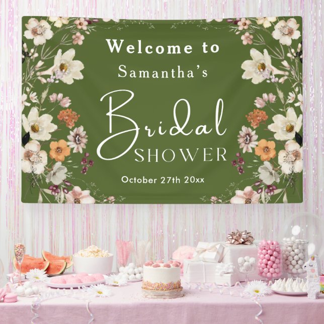 Boho Wildflower Rustic Moss Green Bridal Shower Banner (Party)