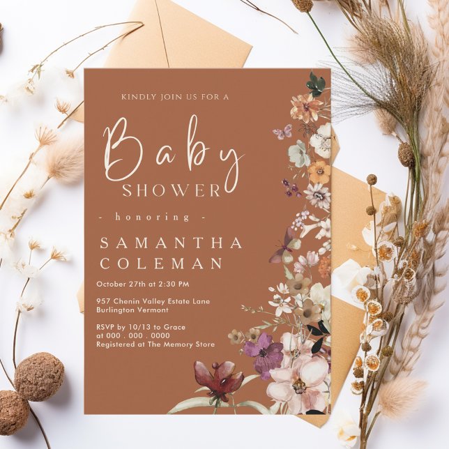 Boho Wildflower Rustic Terracotta Baby Shower Invitation (Creator Uploaded)