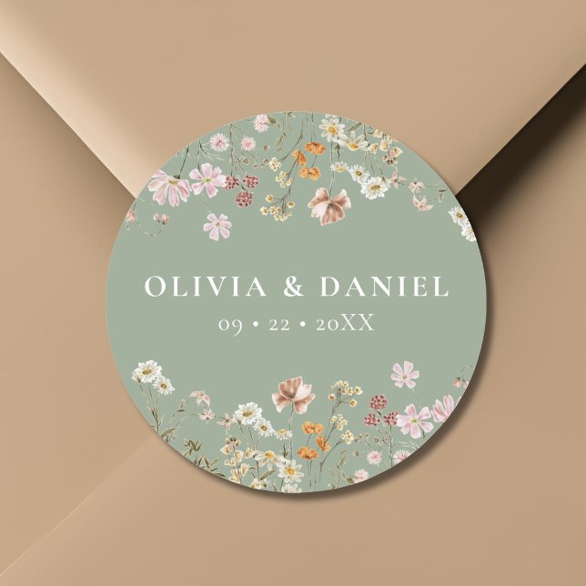 Boho Wildflower Sage Green Garden Wedding Classic Round Sticker (Creator Uploaded)