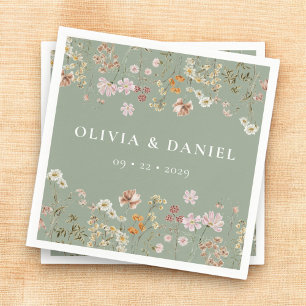 Boho Wildflower Sage Green Garden Wedding Napkin
