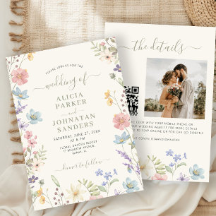 Boho wildflower sage green script QR code wedding Invitation