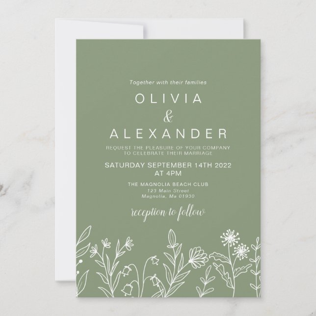 Boho wildflower sage green wedding invitation (Front)