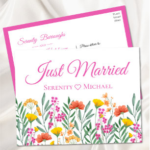 Boho Wildflower Spring Floral Just Married Wedding Announcement Postcard