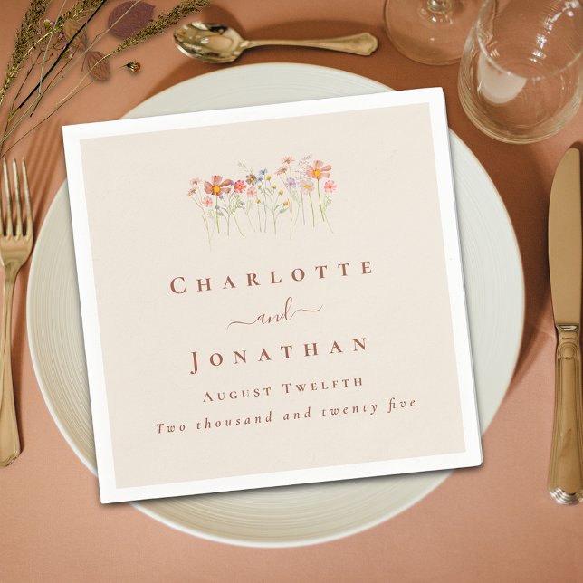 Boho Wildflower Tan Beige Terracotta Wedding Napkin (Boho Wildflower floral tan beige terracotta Wedding custom napkins Watercolor meadow flowers elegant)