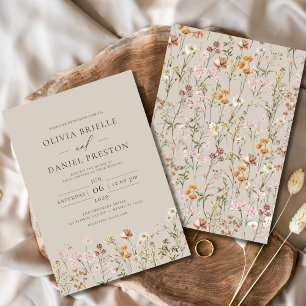 Boho Wildflower Taupe Beige Garden Wedding Invitation