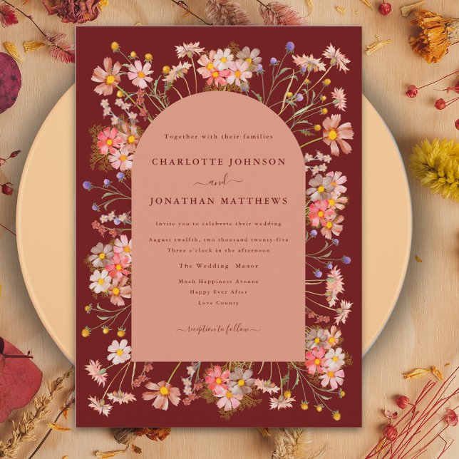 Boho Wildflower Terracotta Arch Fall Wedding Invitation (Burnt orange wildflower fall wedding arch invitation)