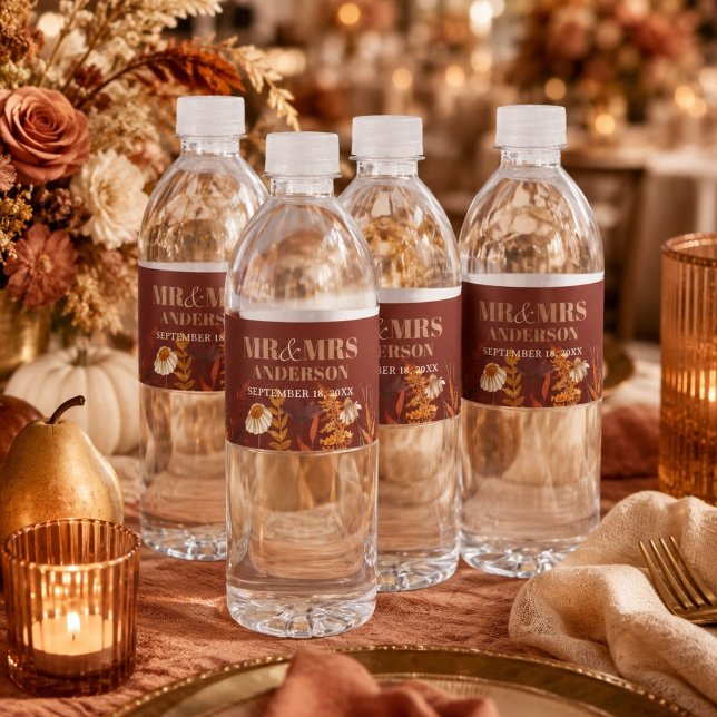 Boho Wildflower Terracotta Autumn Fall Wedding Water Bottle Label (Boho Wildflower Terracotta Autumn Fall Wedding Water Bottle Label)
