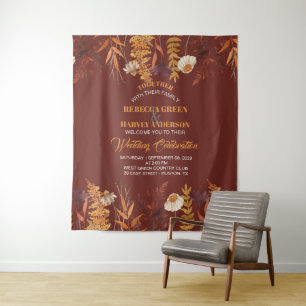 Boho Wildflower Terracotta Autumn Wedding Backdrop Tapestry