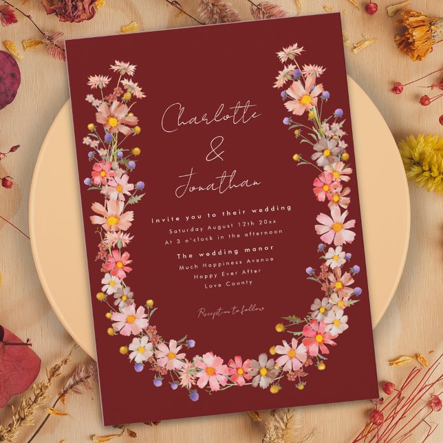 Boho Wildflower Terracotta Fall Wedding Invitation (Boho wildflower fall wedding invitation terracotta burnt orange peach beige purple pink dried flower)