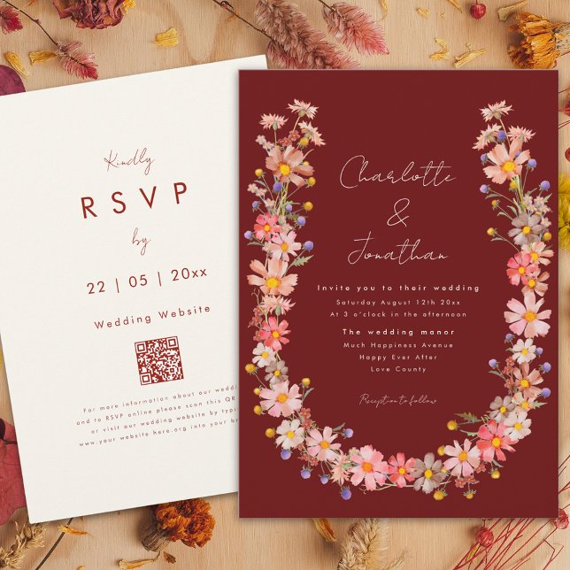 Boho Wildflower Terracotta Fall Wedding Invitation (Wildflower Dried flower wreath terracotta fall wedding invitation )