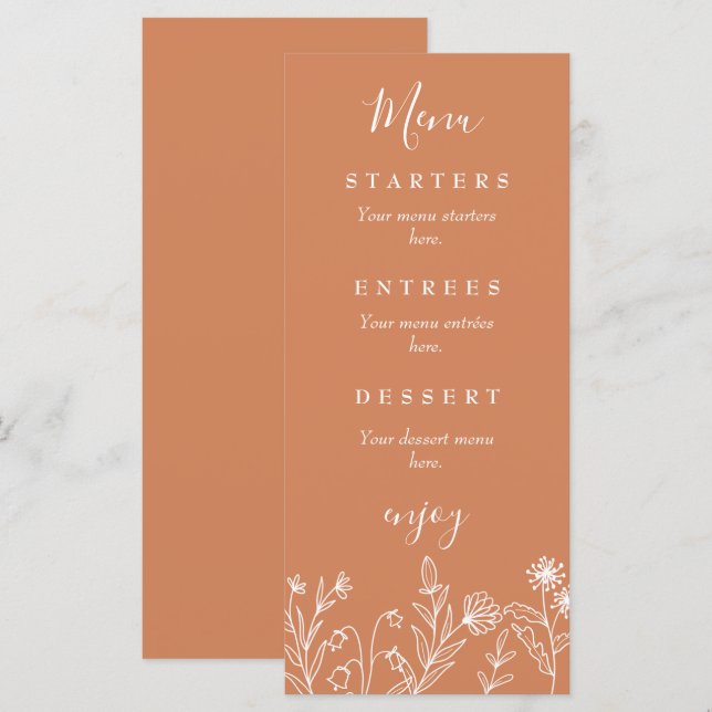 Boho wildflower terracotta wedding menu (Front/Back)