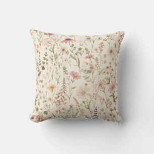 Boho Wildflower Throw Pillow -Beige Pink Floral