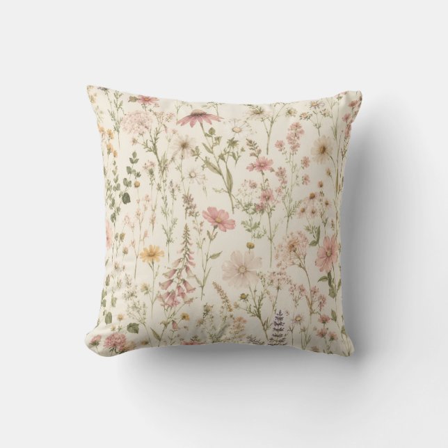 Boho Wildflower Throw Pillow -Beige Pink Floral  (Front)