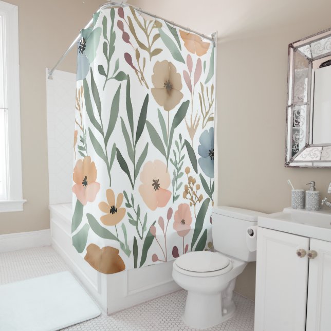 Boho Wildflower Watercolor Floral Bathroom Shower Curtain (In Situ)