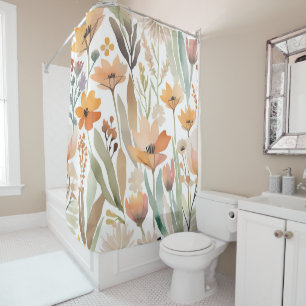 Boho Wildflower Watercolor Floral Bathroom Shower Curtain