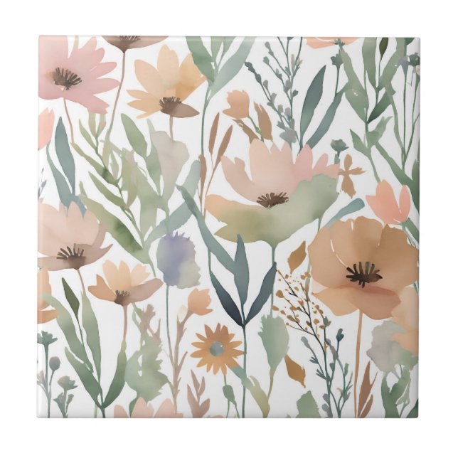 Boho Wildflower Watercolor Floral Pastel Accent Tile (Front)