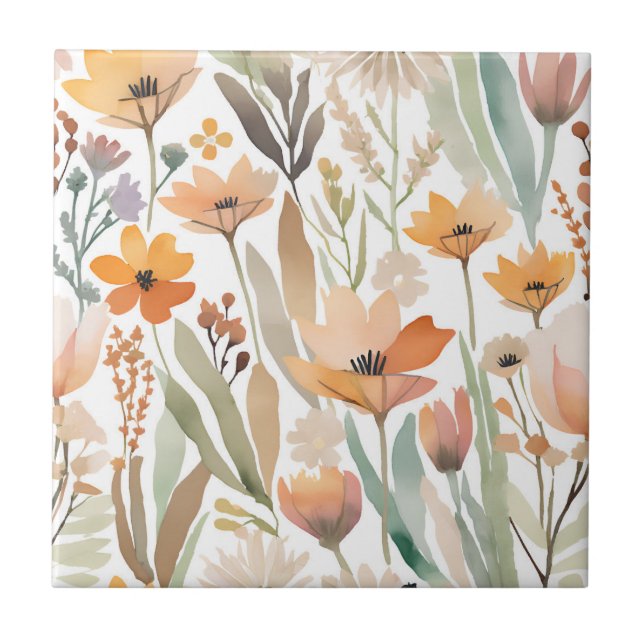 Boho Wildflower Watercolor Floral Pastel Accent Tile (Front)