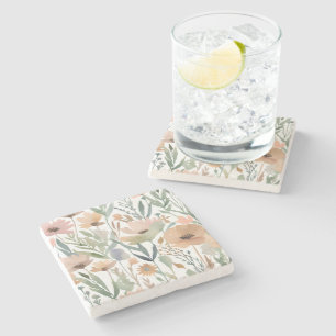 Boho Wildflower Watercolor Floral Pastel Stone Coaster