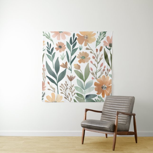 Boho Wildflower Watercolor Floral Pastel Wall  Tapestry (In Situ)