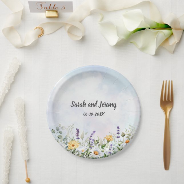 Boho Wildflower Watercolor Personalise Wedding Paper Plate (Wedding)