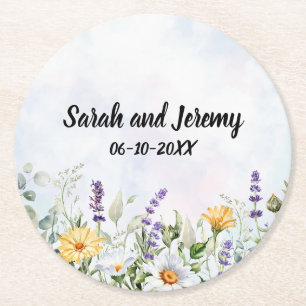 Boho Wildflower Watercolor Personalise Wedding Round Paper Coaster