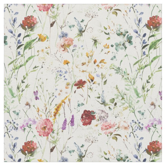 Boho Wildflower Watercolor Spring Flower Fabric (Close Up)