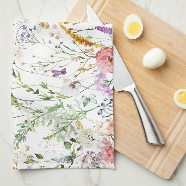 Boho Wildflower Watercolor Spring  Flower Tea Towel (Quarter Fold)