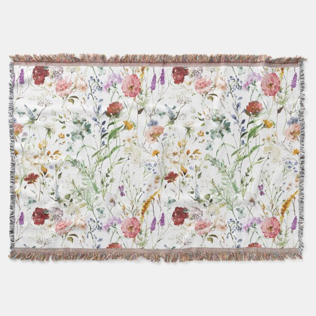 Boho Wildflower Watercolor Spring  Flower Throw Blanket (Front)