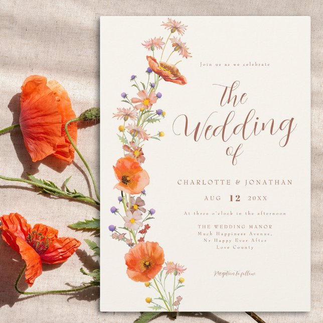 Boho Wildflower Wedding Invitation (Elegant watercolor floral orange wedding invitation)