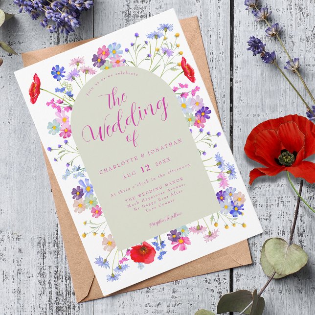 Boho Wildflower Wedding Invitation (Colorful wildflower boho chic pink script wedding invitation )