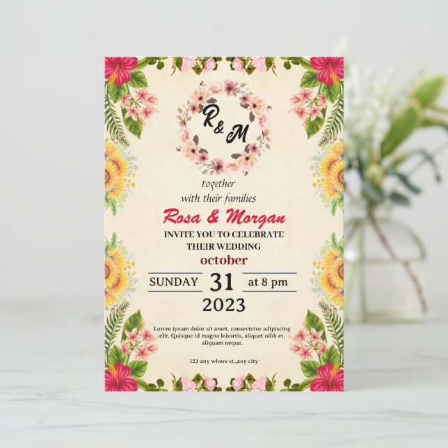 Boho Wildflower Wedding Invitations Elegant Charm. (Standing Front)
