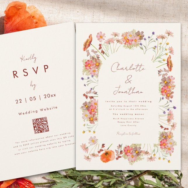 Boho Wildflower Wedding QR Code Invitation (Boho wildflower arch fall wedding invitation orange beige brown and burnt orange)