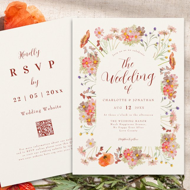 Boho Wildflower Wedding QR Code Invitation (Boho wildflower elegant fall wedding qr code invitation )