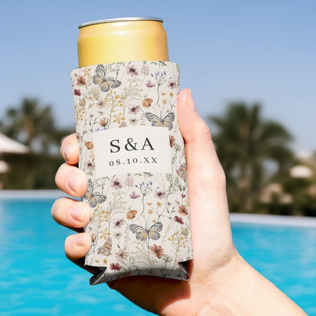 Boho Wildflower Wedding Seltzer Can Cooler (Tan Boho Wildflower with Butterflies Wedding Seltzer Can Cooler by Painted Paperie
)