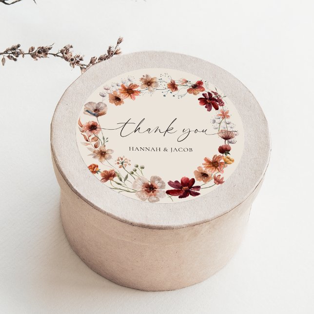 Boho Wildflower Wedding Thank You Favour Classic Round Sticker (Creator Uploaded)
