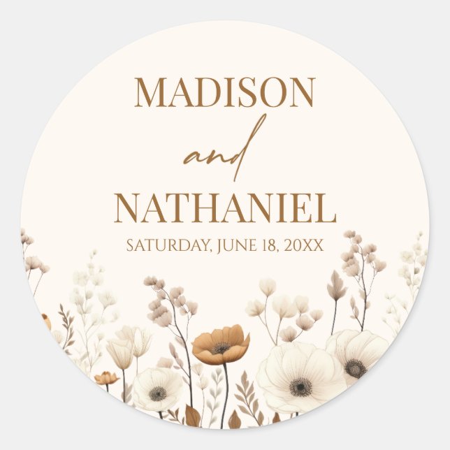 Boho Wildflower Wild Flower Floral Garden Wedding Classic Round Sticker (Front)