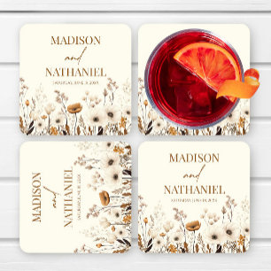 Boho Wildflower Wild Flower Floral Garden Wedding Square Paper Coaster